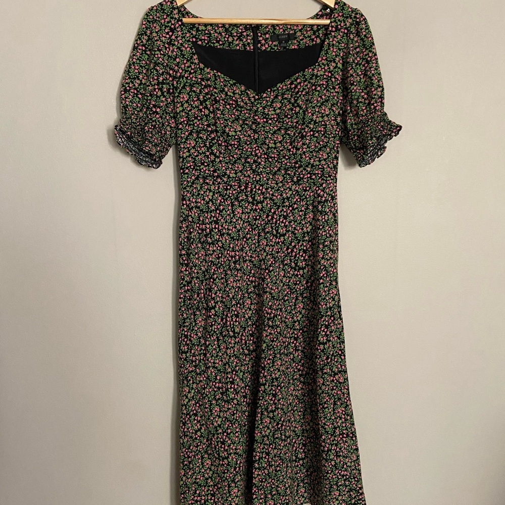 J. Crew Black Midi Dress with Pink and Green Floral Pattern